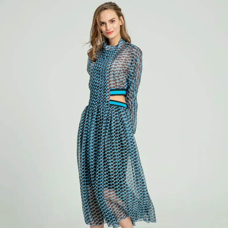 Women Long Sleeve High Waist Hollow Out Midi Dresses Female Fashion - WD8193