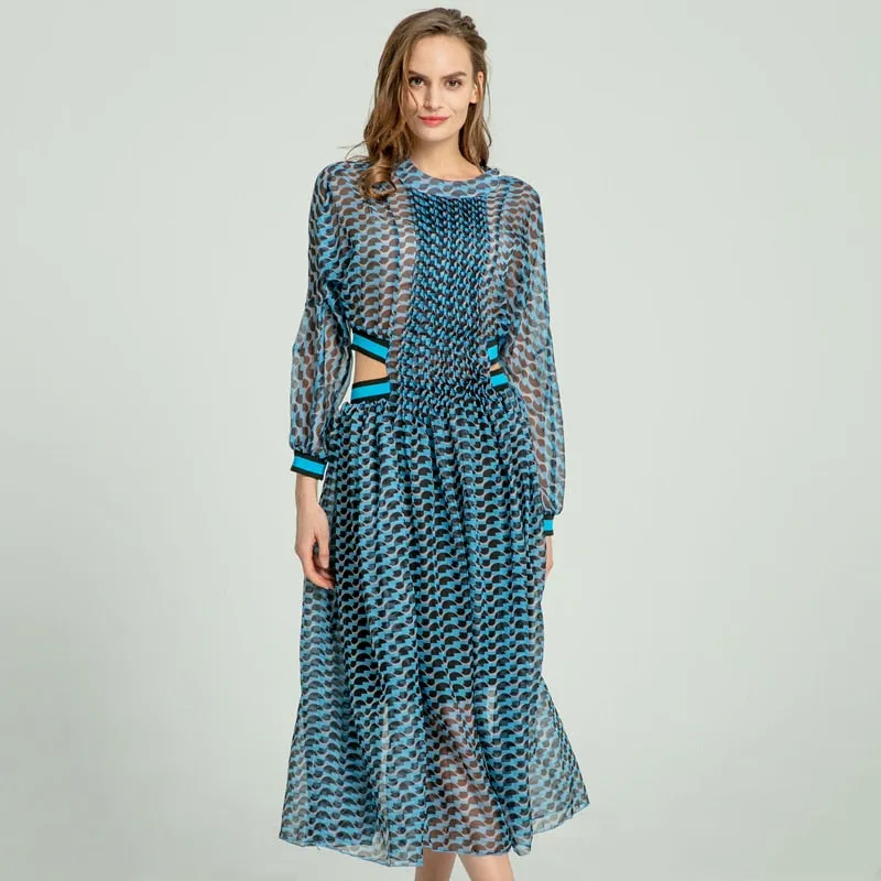 Women Long Sleeve High Waist Hollow Out Midi Dresses Female Fashion - WD8193