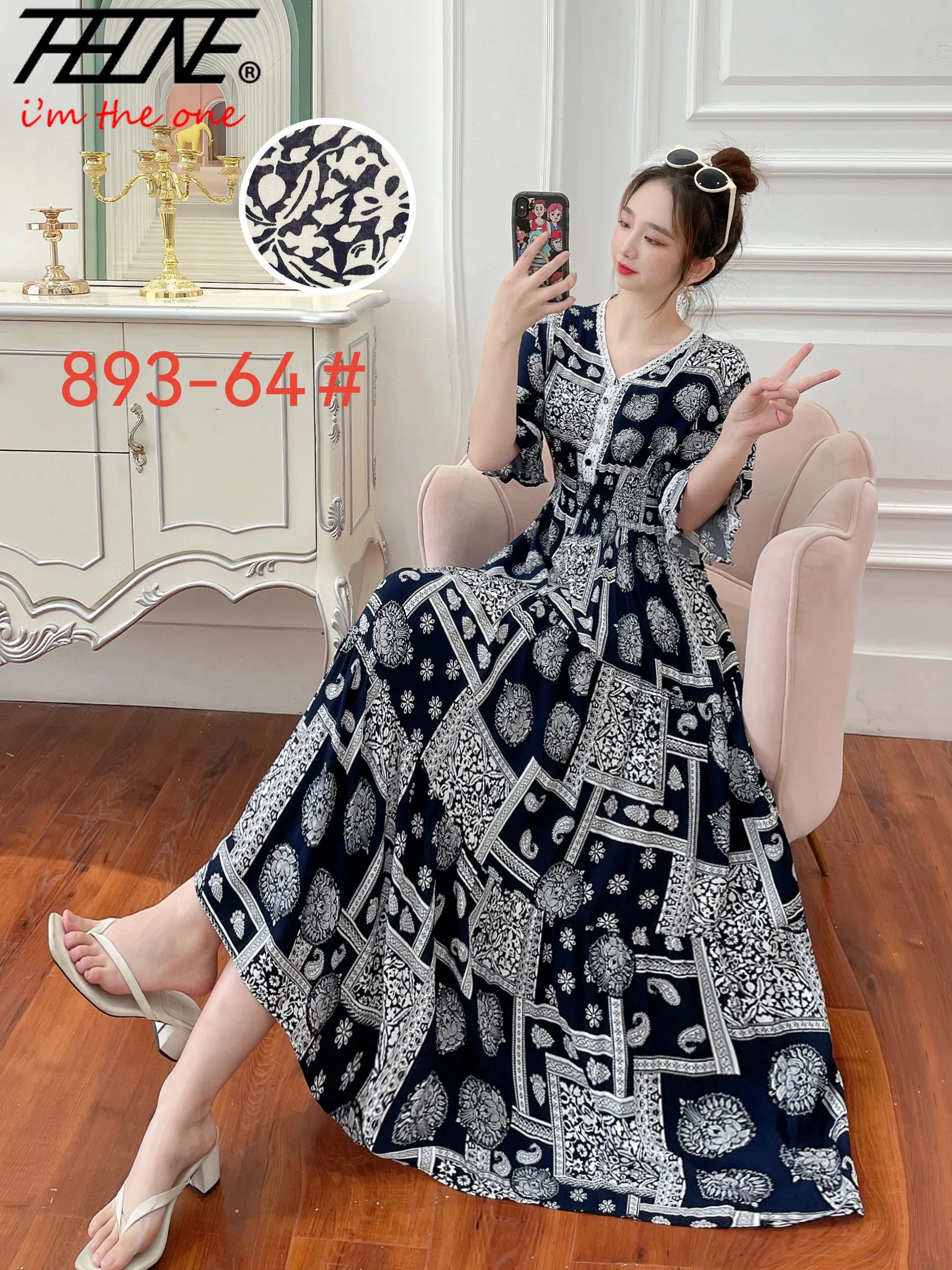 Women Summer Polka Dot and Floral Cotton Maxi Print V-Neck Casual Dress - WD8051