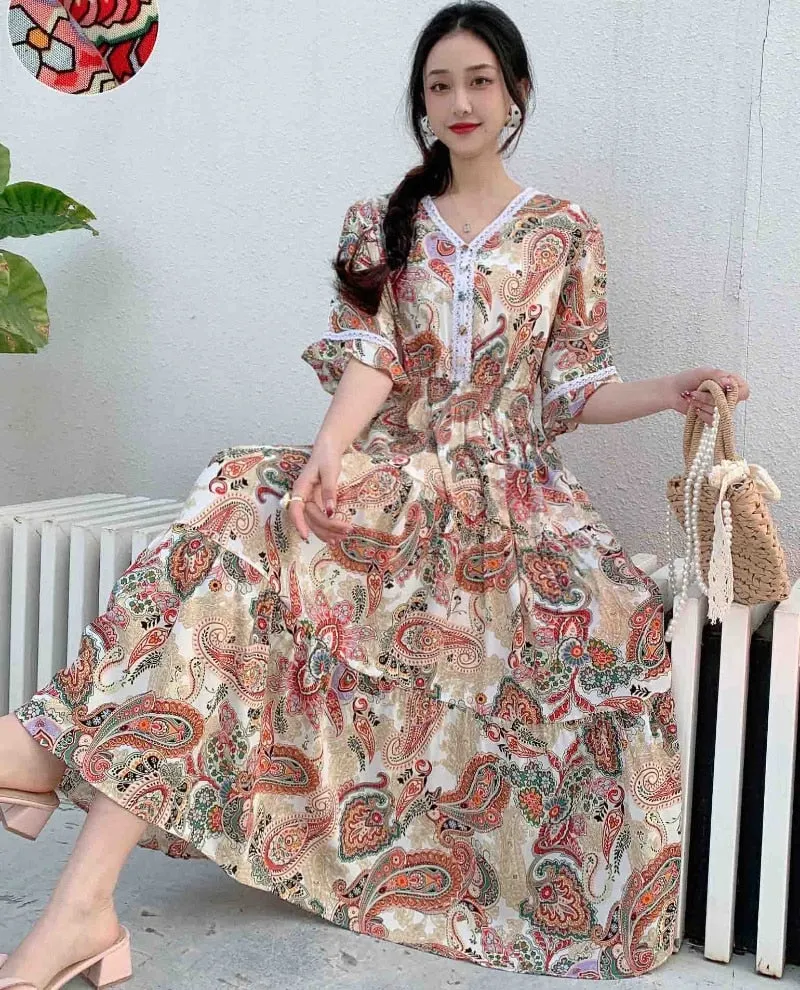 Women Summer Polka Dot and Floral Cotton Maxi Print V-Neck Casual Dress - WD8051