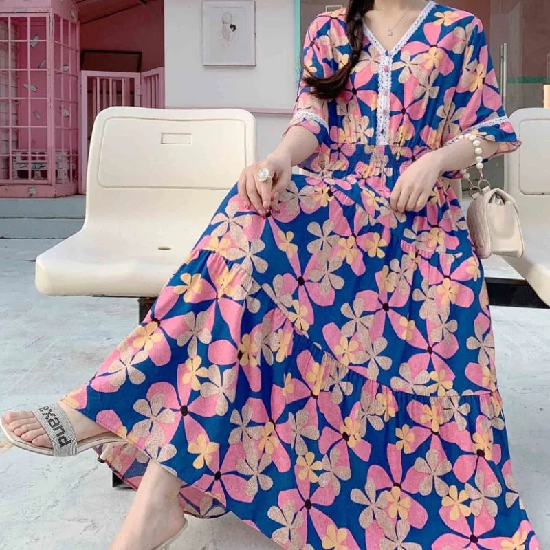 Women Summer Polka Dot and Floral Cotton Maxi Print V-Neck Casual Dress - WD8051