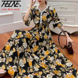 Women Summer Polka Dot and Floral Cotton Maxi Print V-Neck Casual Dress - WD8051