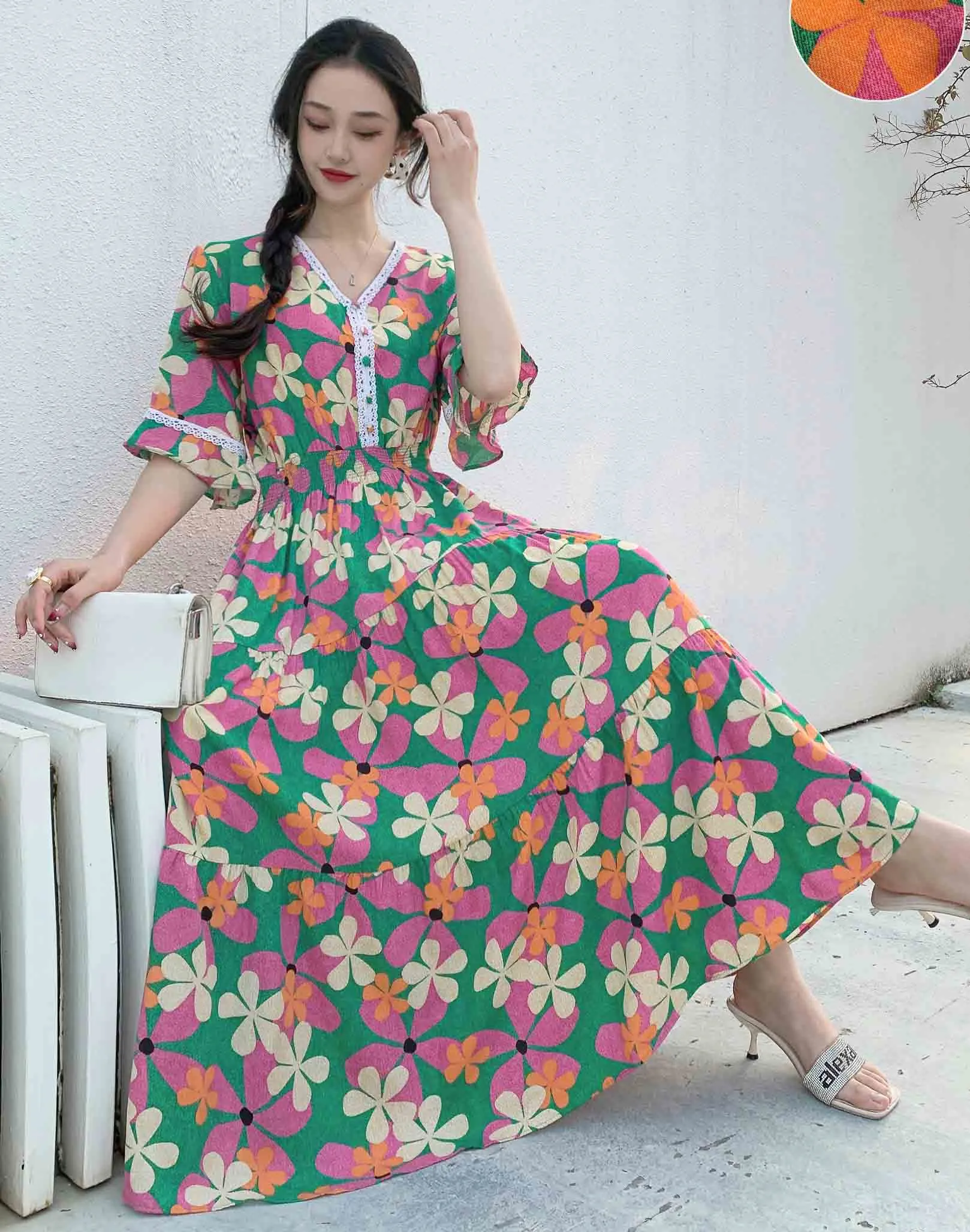 Women Summer Polka Dot and Floral Cotton Maxi Print V-Neck Casual Dress - WD8051