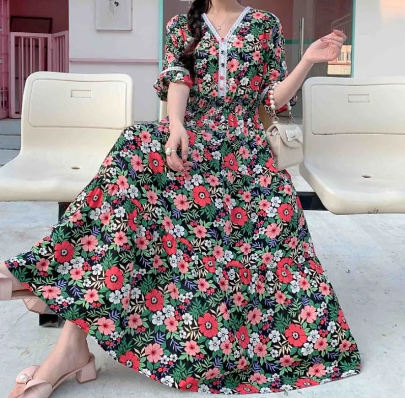 Women Summer Polka Dot and Floral Cotton Maxi Print V-Neck Casual Dress - WD8051