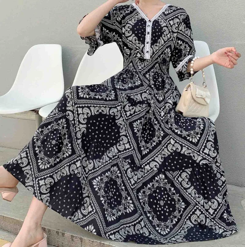 Women Summer Polka Dot and Floral Cotton Maxi Print V-Neck Casual Dress - WD8051