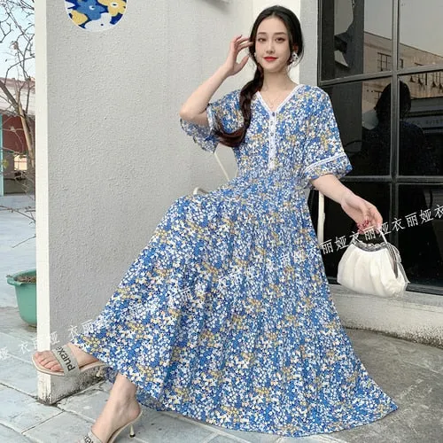 Women Summer Polka Dot and Floral Cotton Maxi Print V-Neck Casual Dress - WD8051