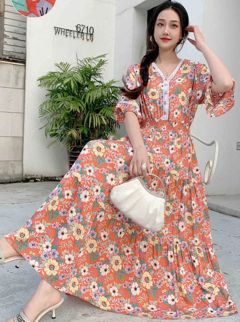 Women Summer Polka Dot and Floral Cotton Maxi Print V-Neck Casual Dress - WD8051
