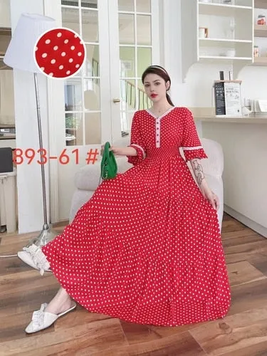 Women Summer Polka Dot and Floral Cotton Maxi Print V-Neck Casual Dress - WD8051