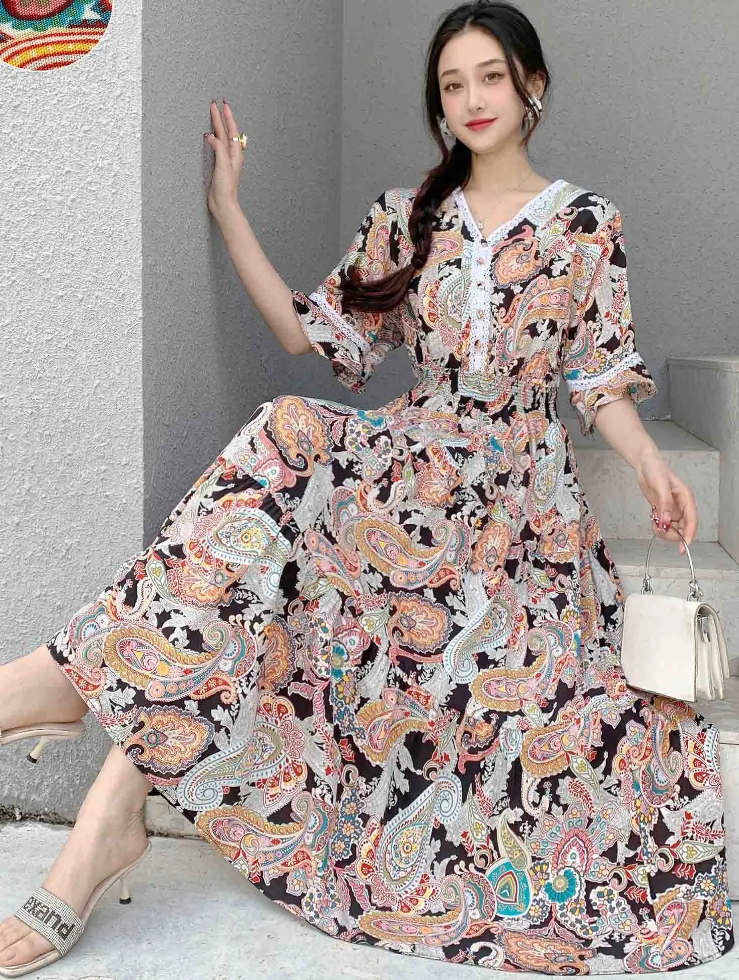 Women Summer Polka Dot and Floral Cotton Maxi Print V-Neck Casual Dress - WD8051