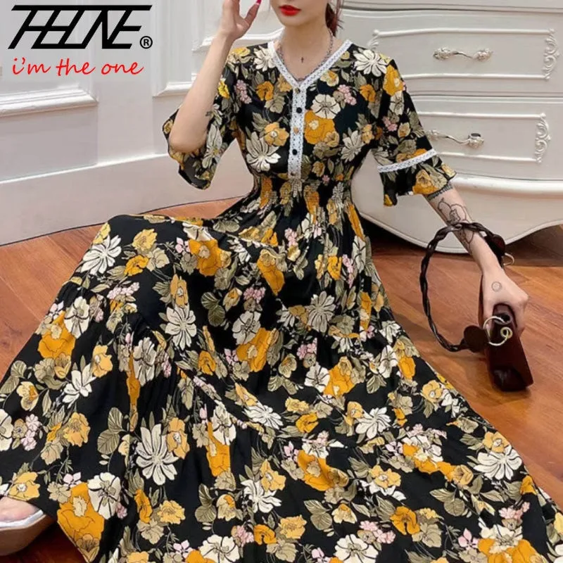 Women Summer Polka Dot and Floral Cotton Maxi Print V-Neck Casual Dress - WD8051