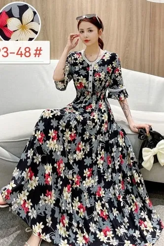 Women Summer Polka Dot and Floral Cotton Maxi Print V-Neck Casual Dress - WD8051
