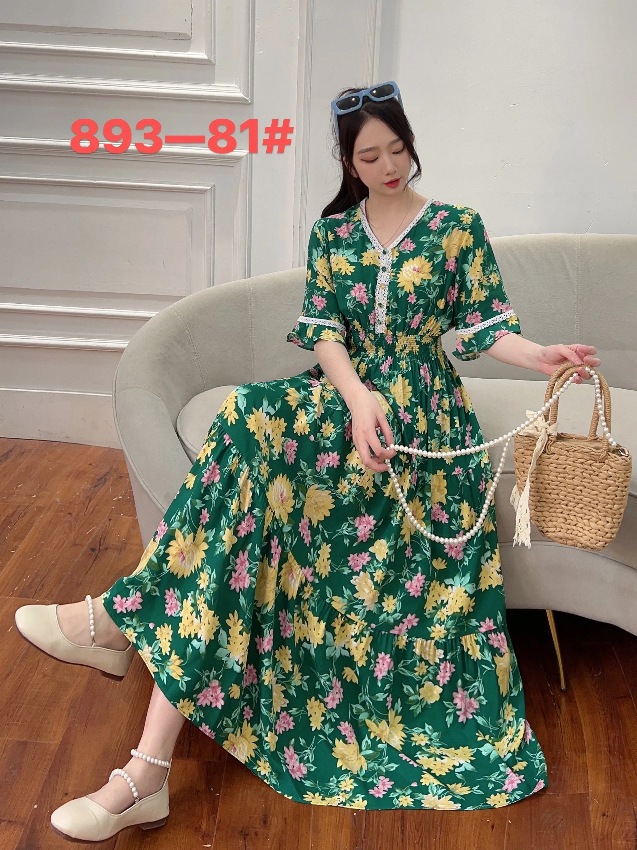 Women Summer Polka Dot and Floral Cotton Maxi Print V-Neck Casual Dress - WD8051