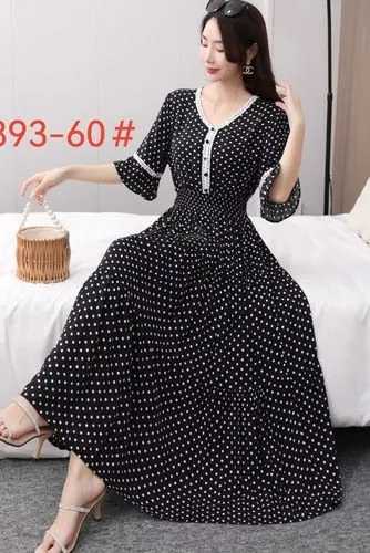 Women Summer Polka Dot and Floral Cotton Maxi Print V-Neck Casual Dress - WD8051
