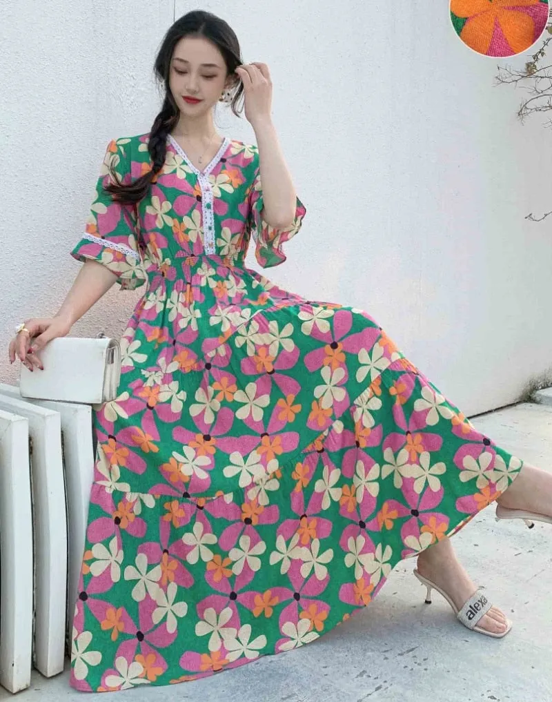 Women Summer Polka Dot and Floral Cotton Maxi Print V-Neck Casual Dress - WD8051