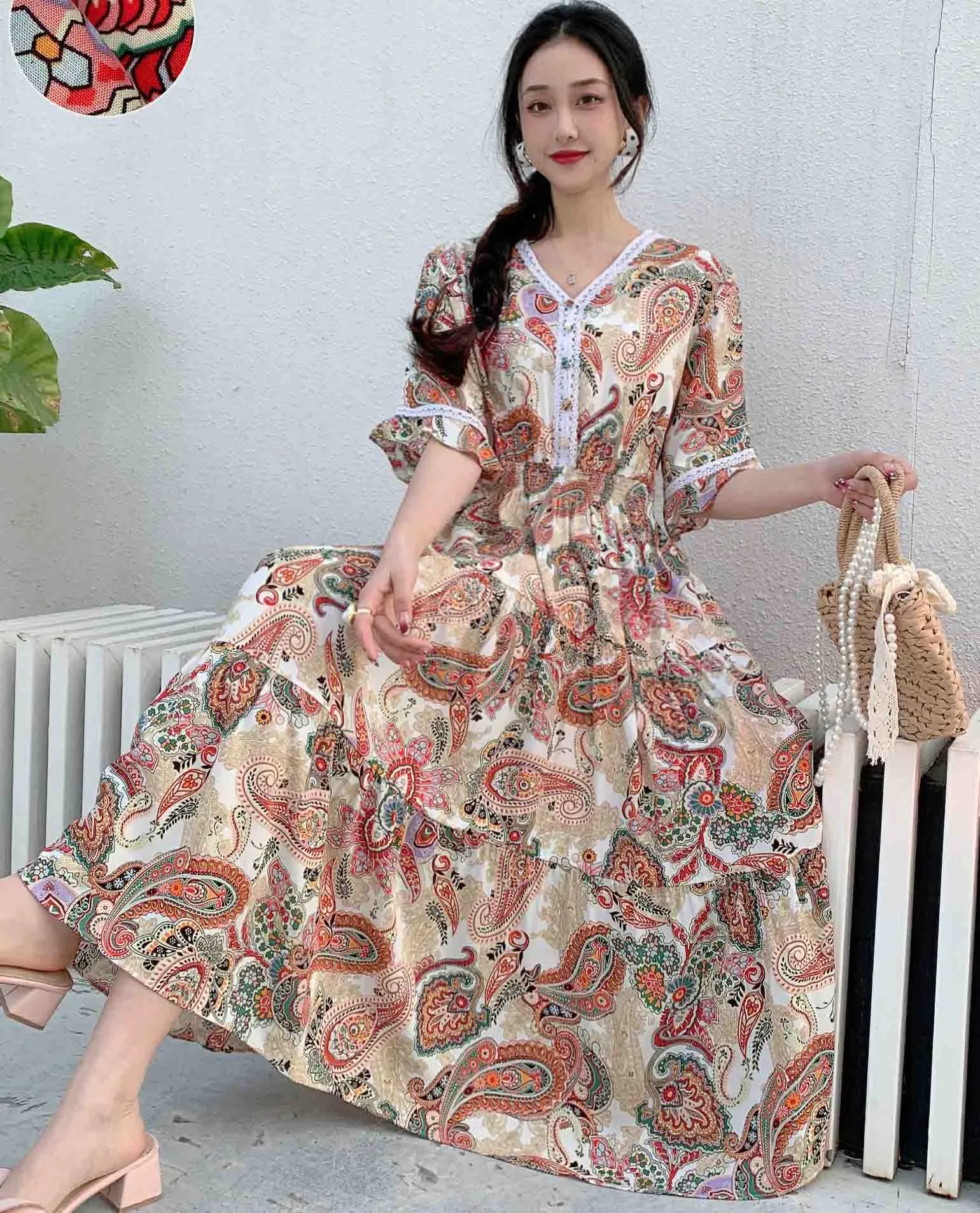 Women Summer Polka Dot and Floral Cotton Maxi Print V-Neck Casual Dress - WD8051