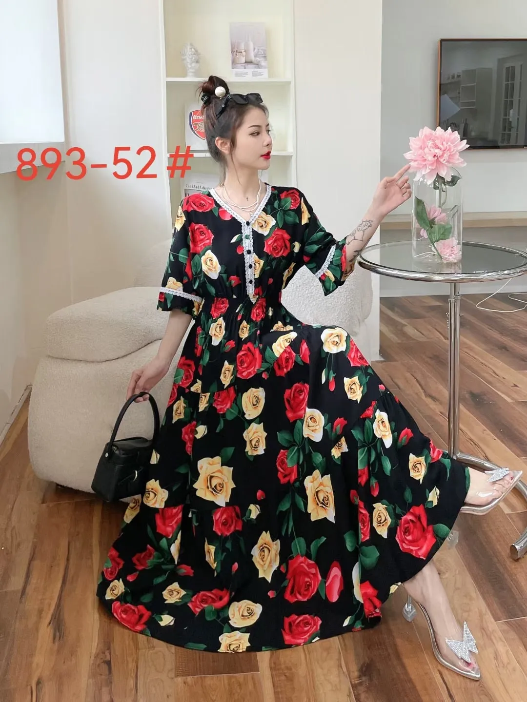 Women Summer Polka Dot and Floral Cotton Maxi Print V-Neck Casual Dress - WD8051