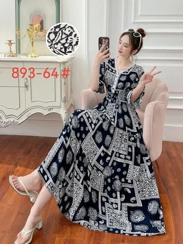 Women Summer Polka Dot and Floral Cotton Maxi Print V-Neck Casual Dress - WD8051