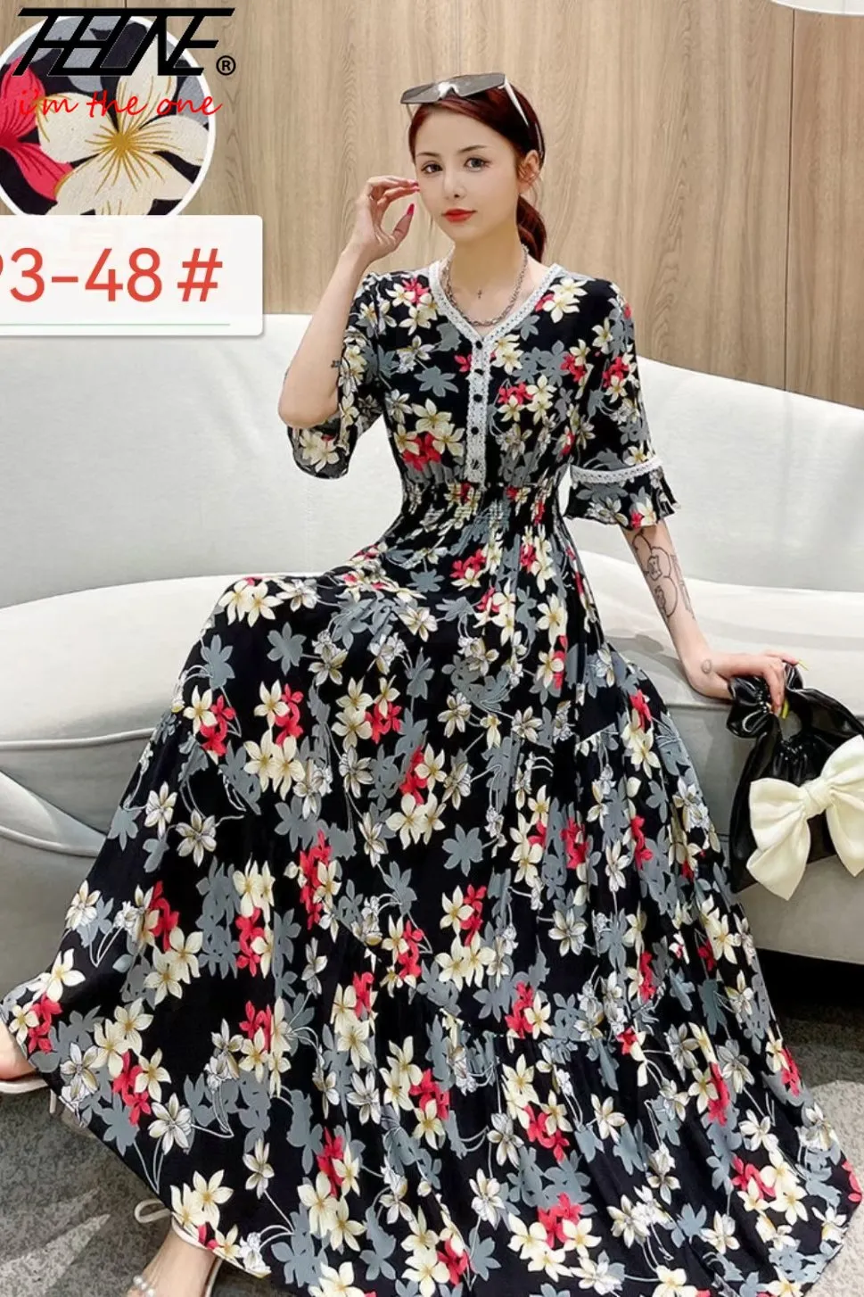 Women Summer Polka Dot and Floral Cotton Maxi Print V-Neck Casual Dress - WD8051