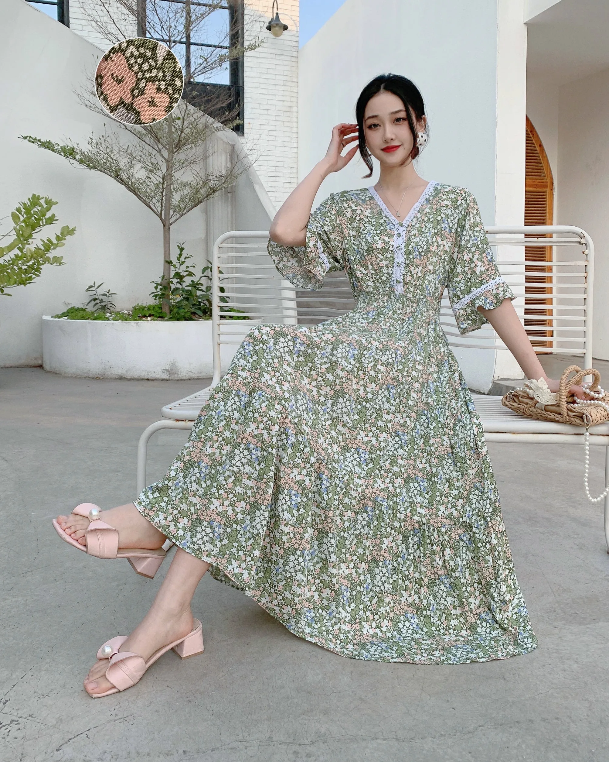 Women Summer Polka Dot and Floral Cotton Maxi Print V-Neck Casual Dress - WD8051