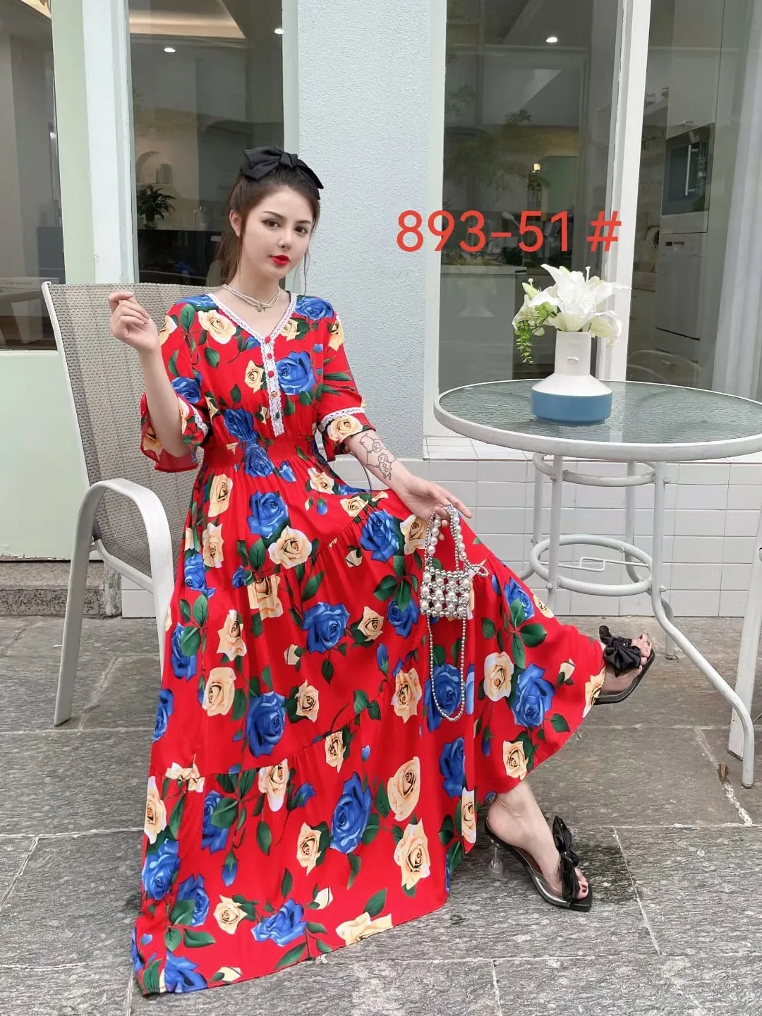 Women Summer Polka Dot and Floral Cotton Maxi Print V-Neck Casual Dress - WD8051