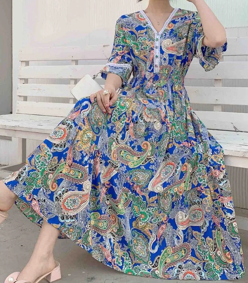 Women Summer Polka Dot and Floral Cotton Maxi Print V-Neck Casual Dress - WD8051