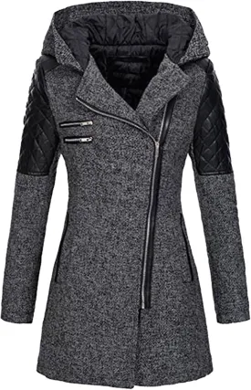 Women Wool Pea Coat Long Sleeve Hooded Long Winter Warm Thick Leather Jackets Zip Up Trench Outerwears Pockets