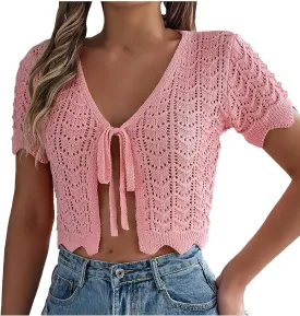 Women's Crochet Shrug Tie Front Bolero Knit Cropped Cardigan Summer Short SleeveLightweight Open Front Cover Up