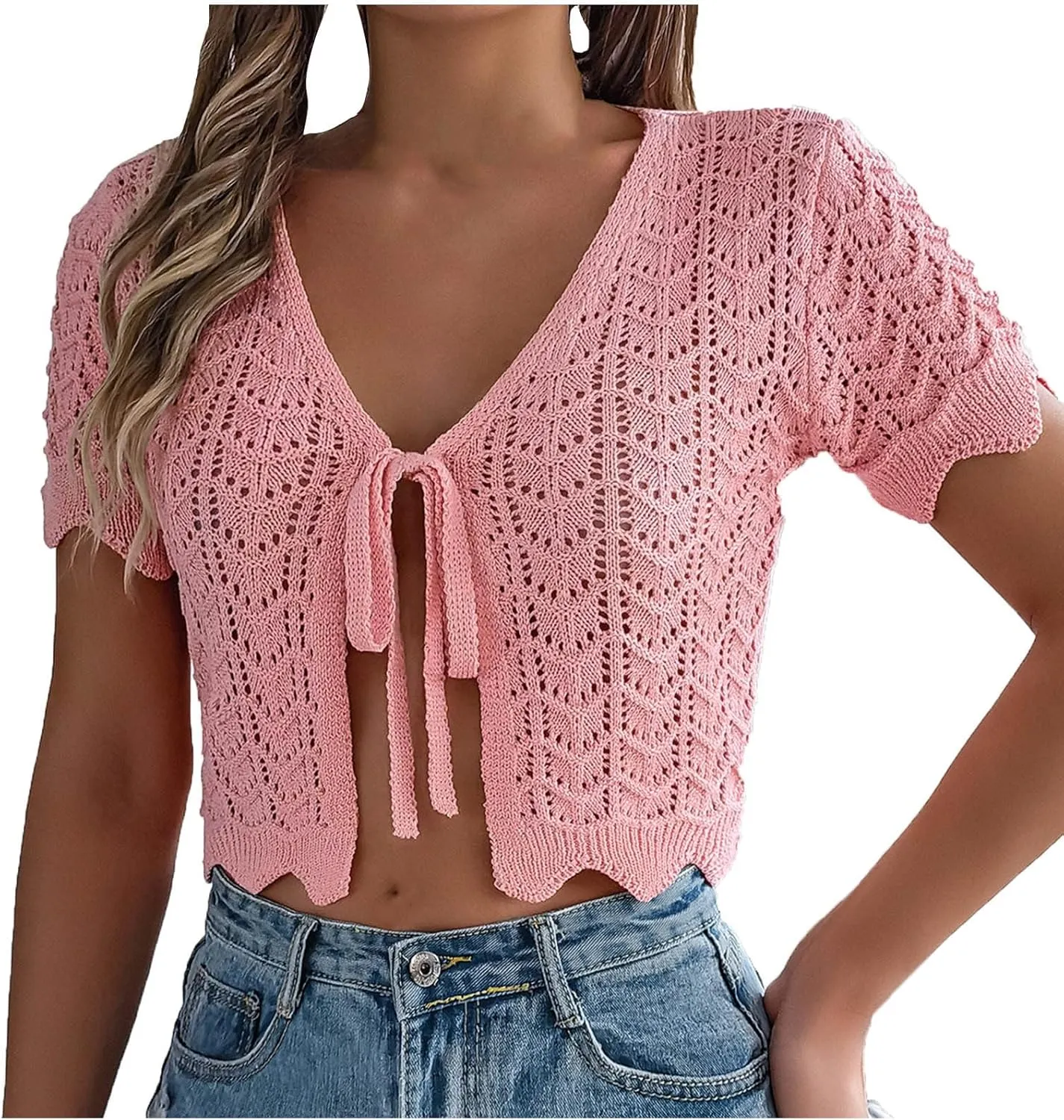 Women's Crochet Shrug Tie Front Bolero Knit Cropped Cardigan Summer Short SleeveLightweight Open Front Cover Up