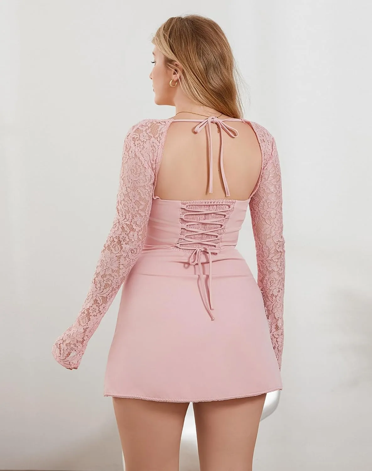Women's Elegant Bodycon Dress Lace Patchwork Long Sleeve Low Cut Mini Dress Backless Tie-up Short Dress