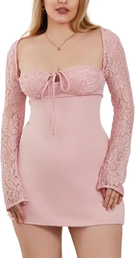 Women's Elegant Bodycon Dress Lace Patchwork Long Sleeve Low Cut Mini Dress Backless Tie-up Short Dress