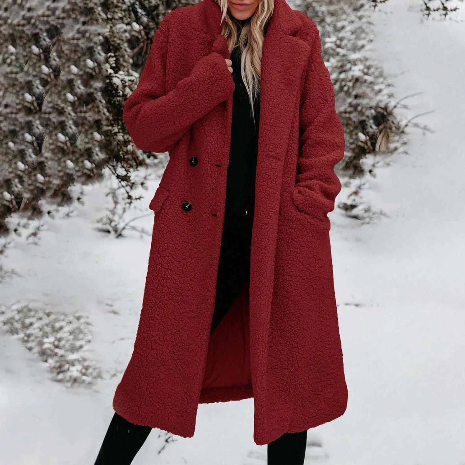Womens Fuzzy Fleece Jacket Sherpa Trench Coat Trendy Double Breasted Open Front Long Cardigan with Pocket S-XXL