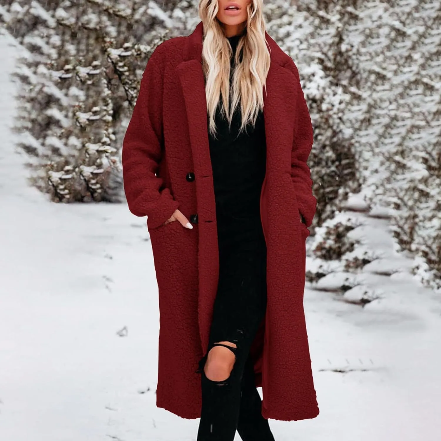 Womens Fuzzy Fleece Jacket Sherpa Trench Coat Trendy Double Breasted Open Front Long Cardigan with Pocket S-XXL