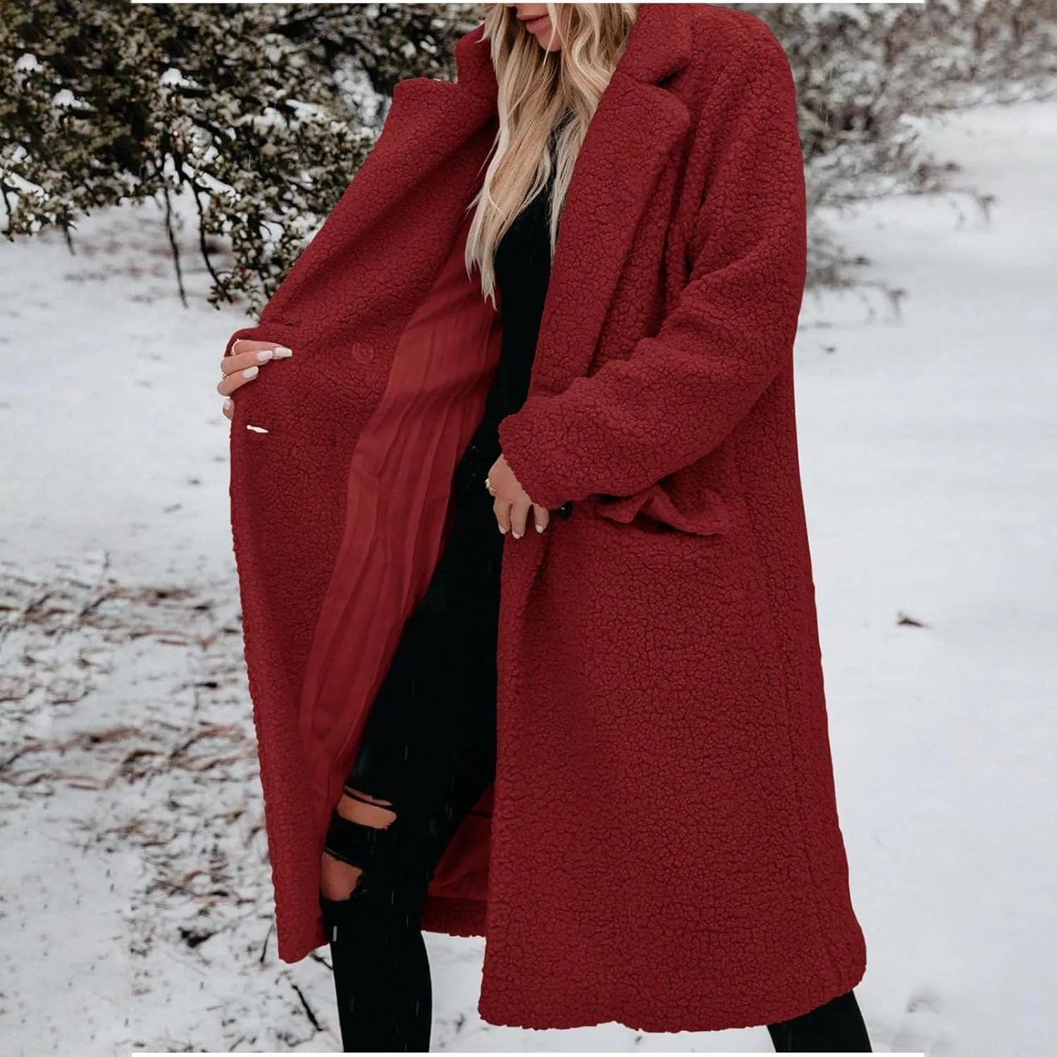 Womens Fuzzy Fleece Jacket Sherpa Trench Coat Trendy Double Breasted Open Front Long Cardigan with Pocket S-XXL