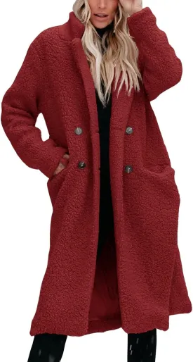 Womens Fuzzy Fleece Jacket Sherpa Trench Coat Trendy Double Breasted Open Front Long Cardigan with Pocket S-XXL