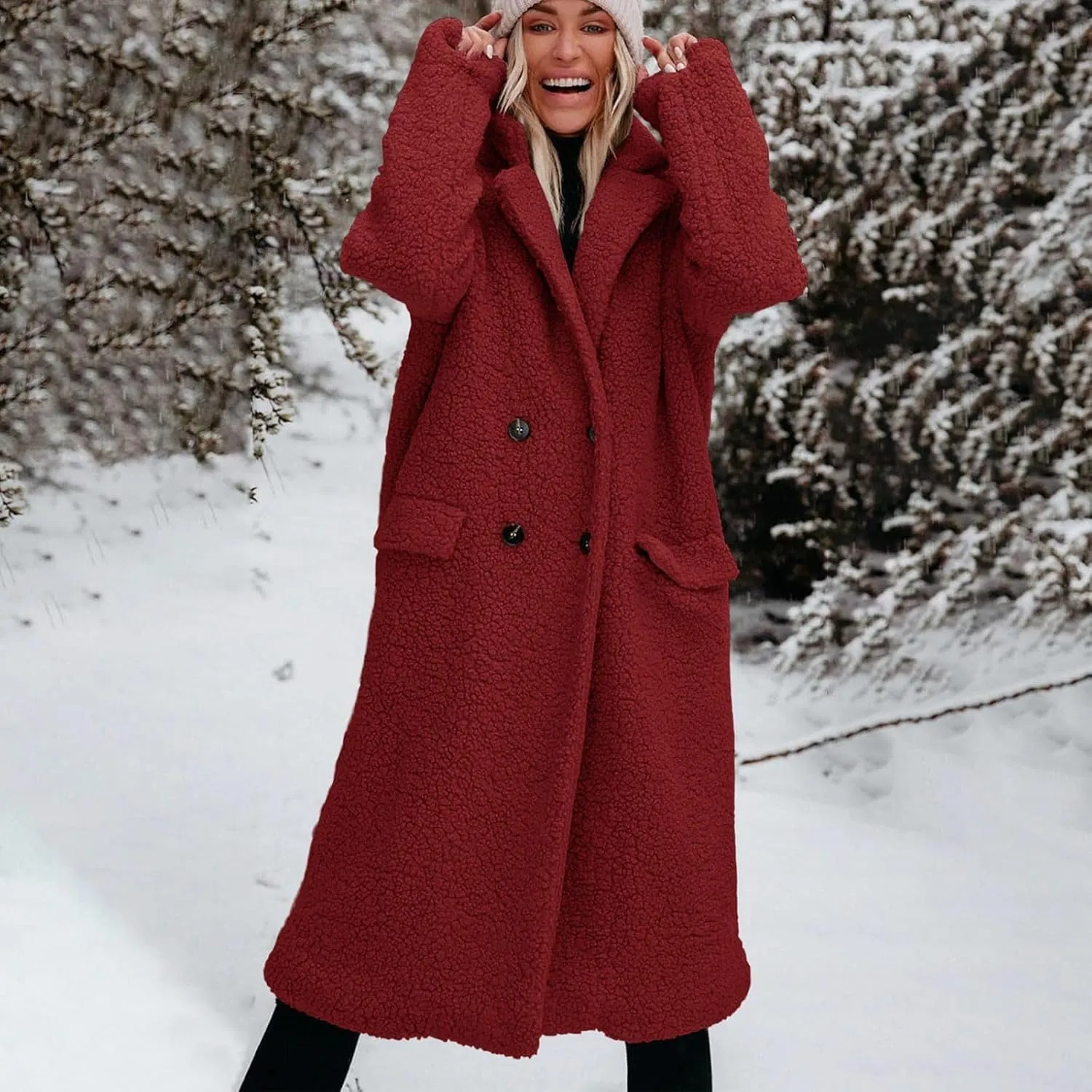 Womens Fuzzy Fleece Jacket Sherpa Trench Coat Trendy Double Breasted Open Front Long Cardigan with Pocket S-XXL