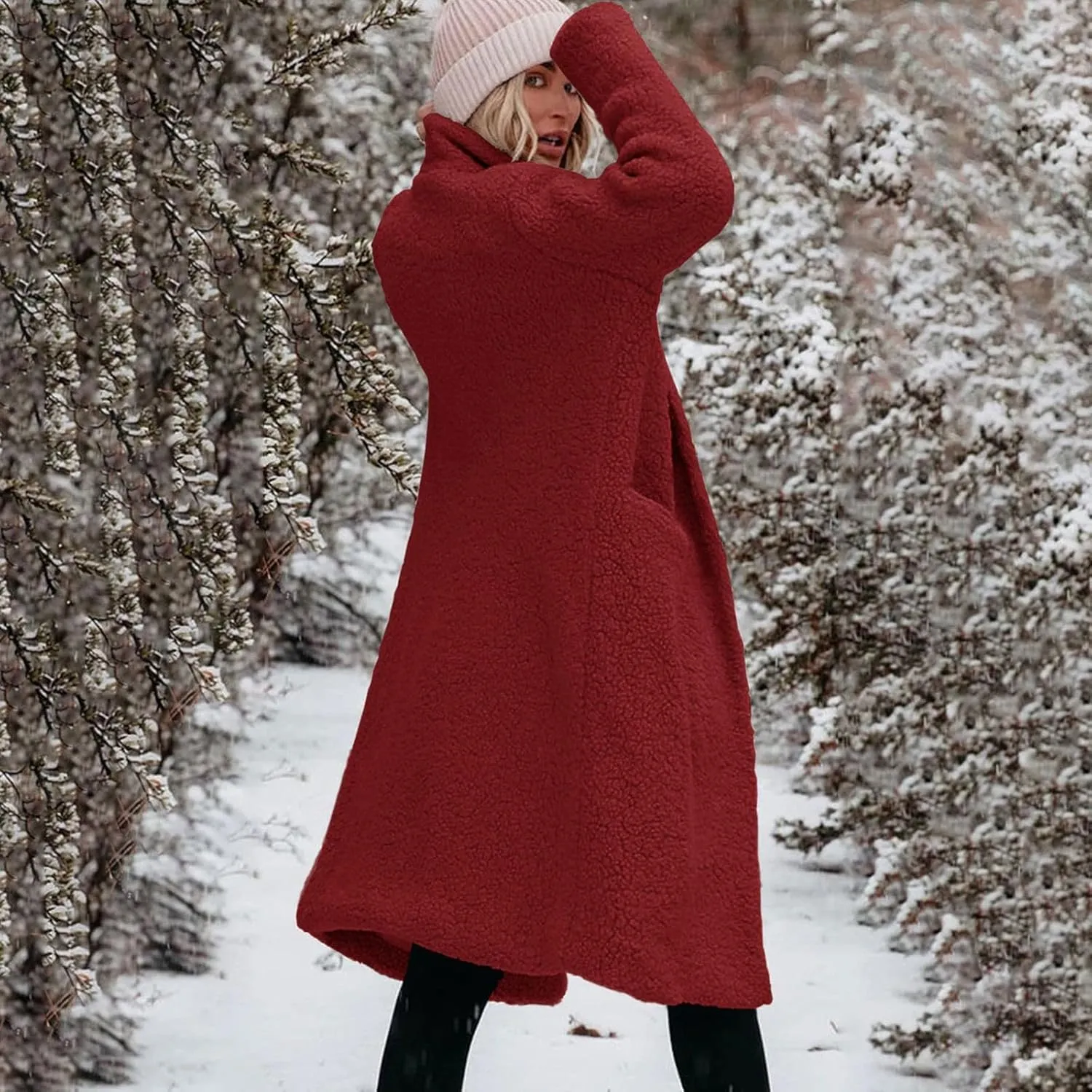 Womens Fuzzy Fleece Jacket Sherpa Trench Coat Trendy Double Breasted Open Front Long Cardigan with Pocket S-XXL