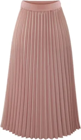Womens High Elastic Waist Pleated Chiffon Skirt Midi Swing A-line Skirt Dressy Plain Solid Color Elegant Long Skirts