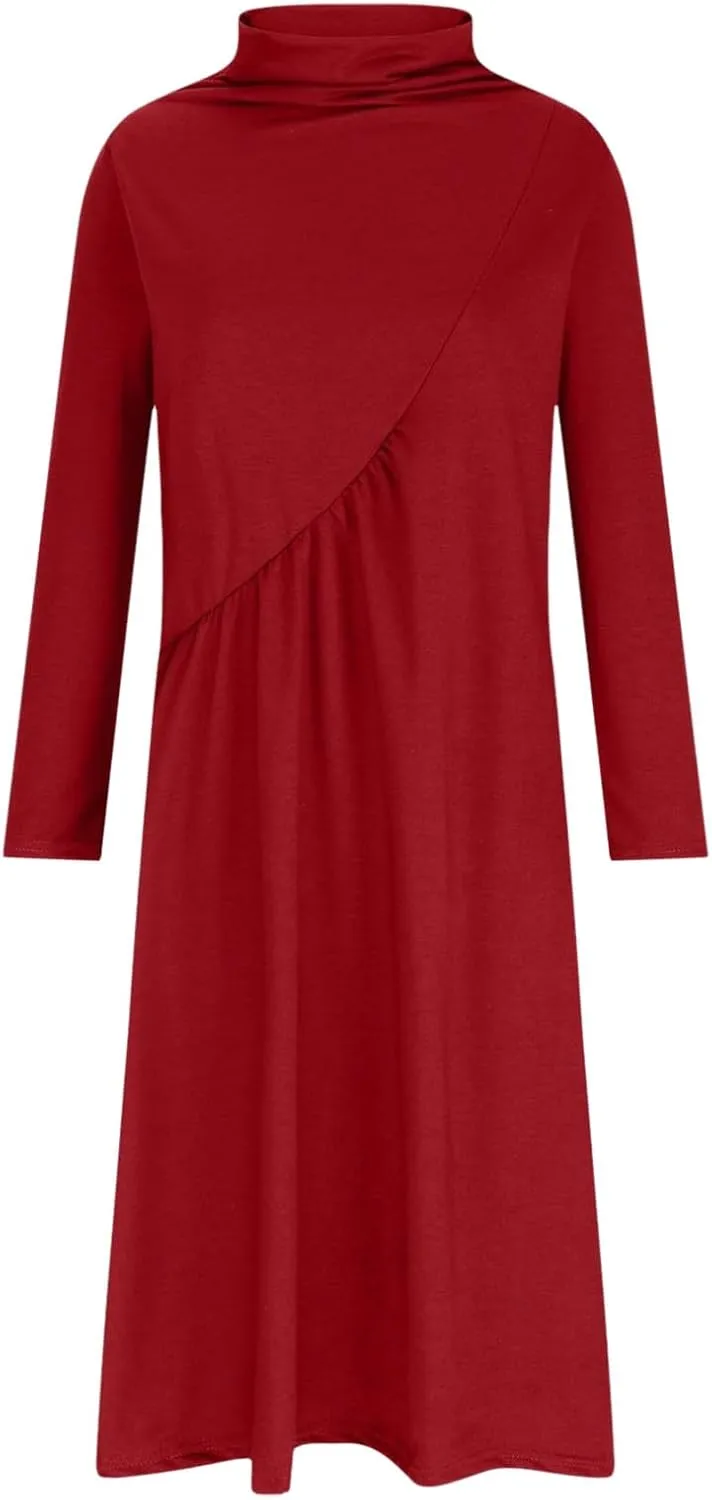 Womens Long Sleeve Turtleneck Casual Dresses Fall Winter Loose Pleated Solid Color Swing Midi Dress with Pockets