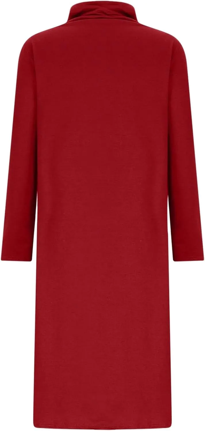 Womens Long Sleeve Turtleneck Casual Dresses Fall Winter Loose Pleated Solid Color Swing Midi Dress with Pockets