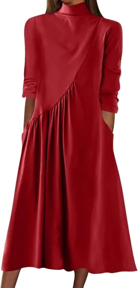 Womens Long Sleeve Turtleneck Casual Dresses Fall Winter Loose Pleated Solid Color Swing Midi Dress with Pockets