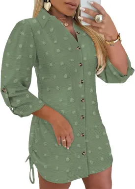 Womens Spring Casual Dress 2025 Swiss Dot Long Sleeve Shirt Dress Casual Button Down Dressy Dress