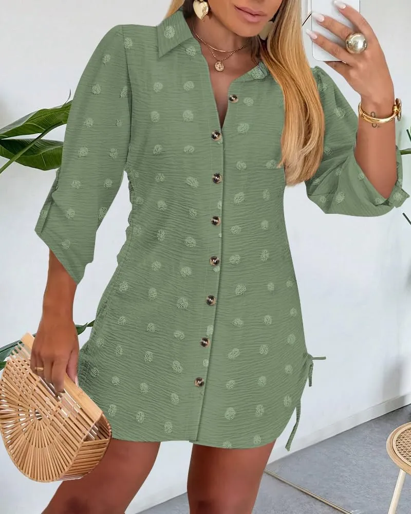 Womens Spring Casual Dress 2025 Swiss Dot Long Sleeve Shirt Dress Casual Button Down Dressy Dress