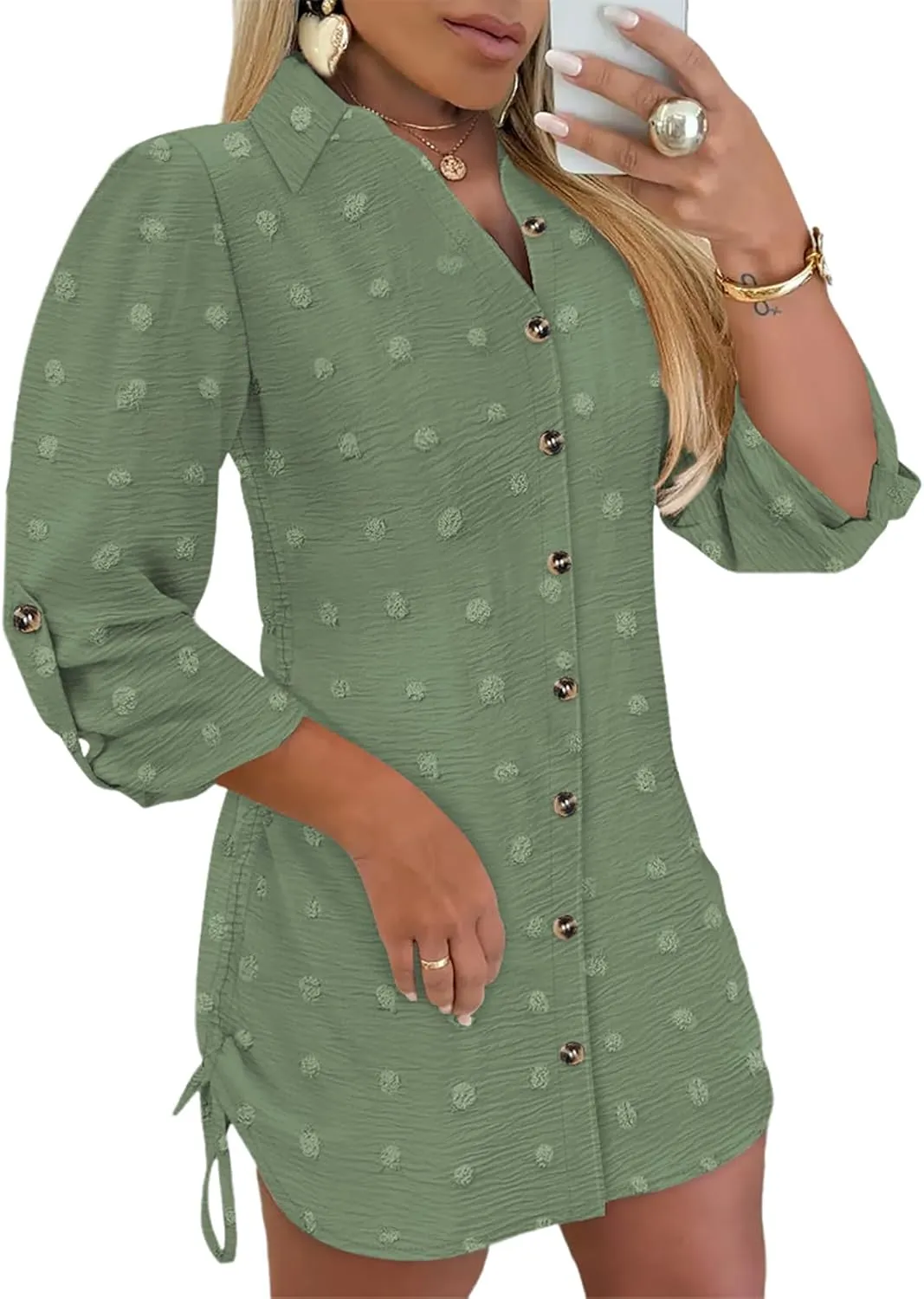 Womens Spring Casual Dress 2025 Swiss Dot Long Sleeve Shirt Dress Casual Button Down Dressy Dress
