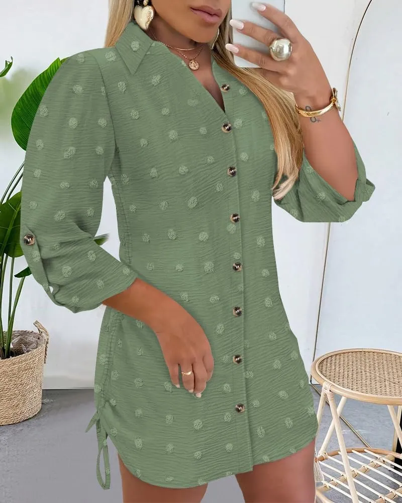 Womens Spring Casual Dress 2025 Swiss Dot Long Sleeve Shirt Dress Casual Button Down Dressy Dress