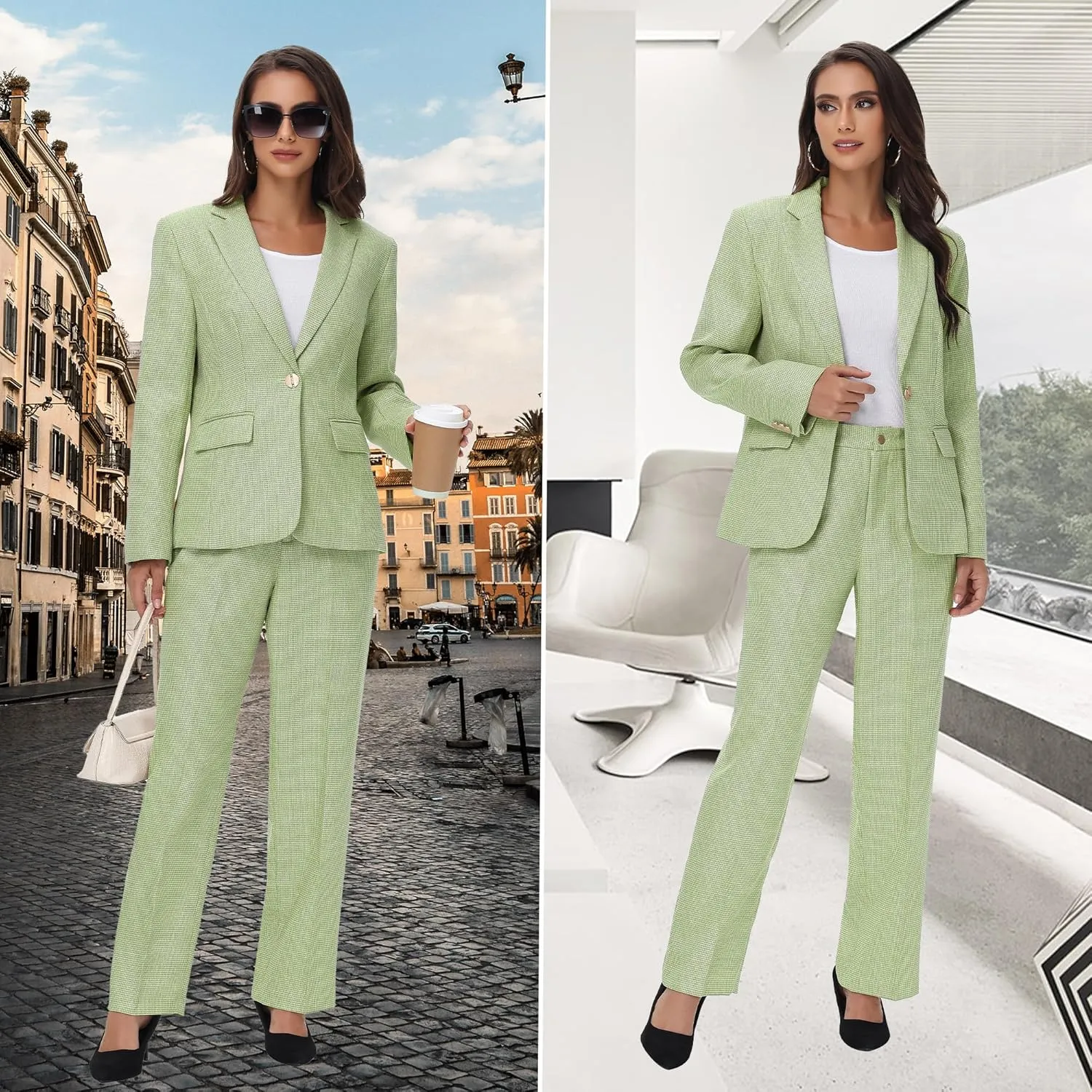 Women's Suit 2 Piece Set Business Pants Suit for Women Pinstripe Houndstooth Blazer