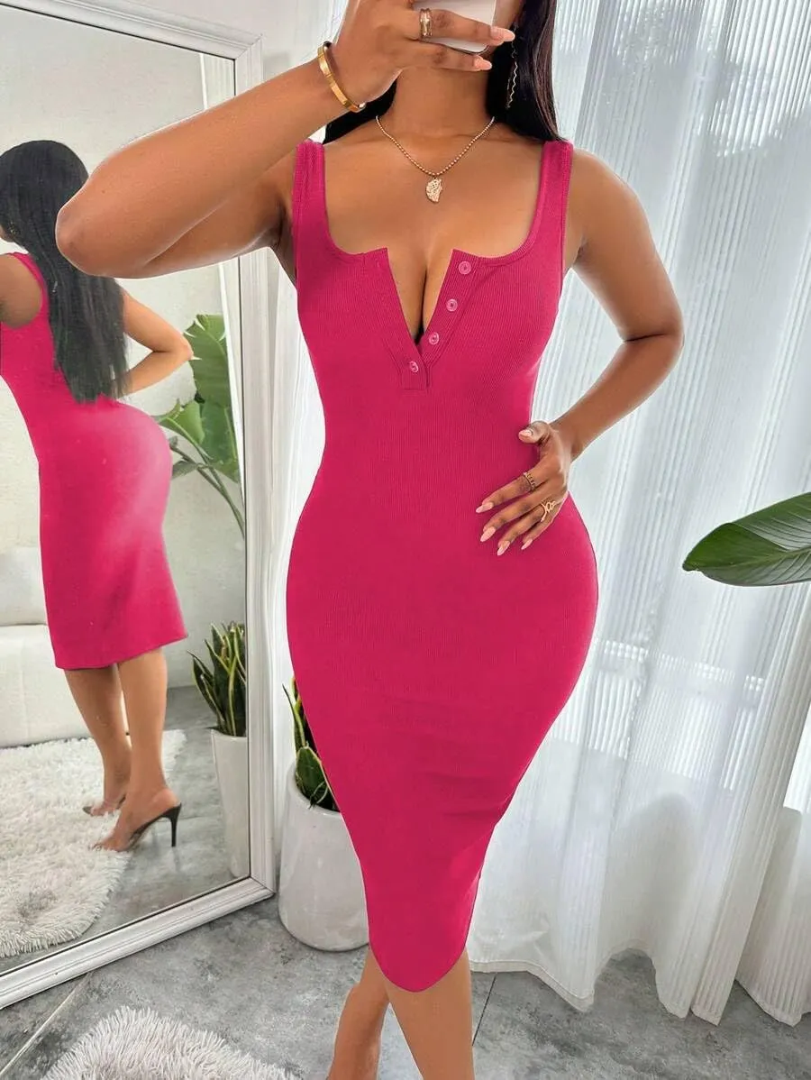 Women's Summer Dress Bodycon Ribbed Tank Dress Button Up Casual Midi Dress Slim Fit