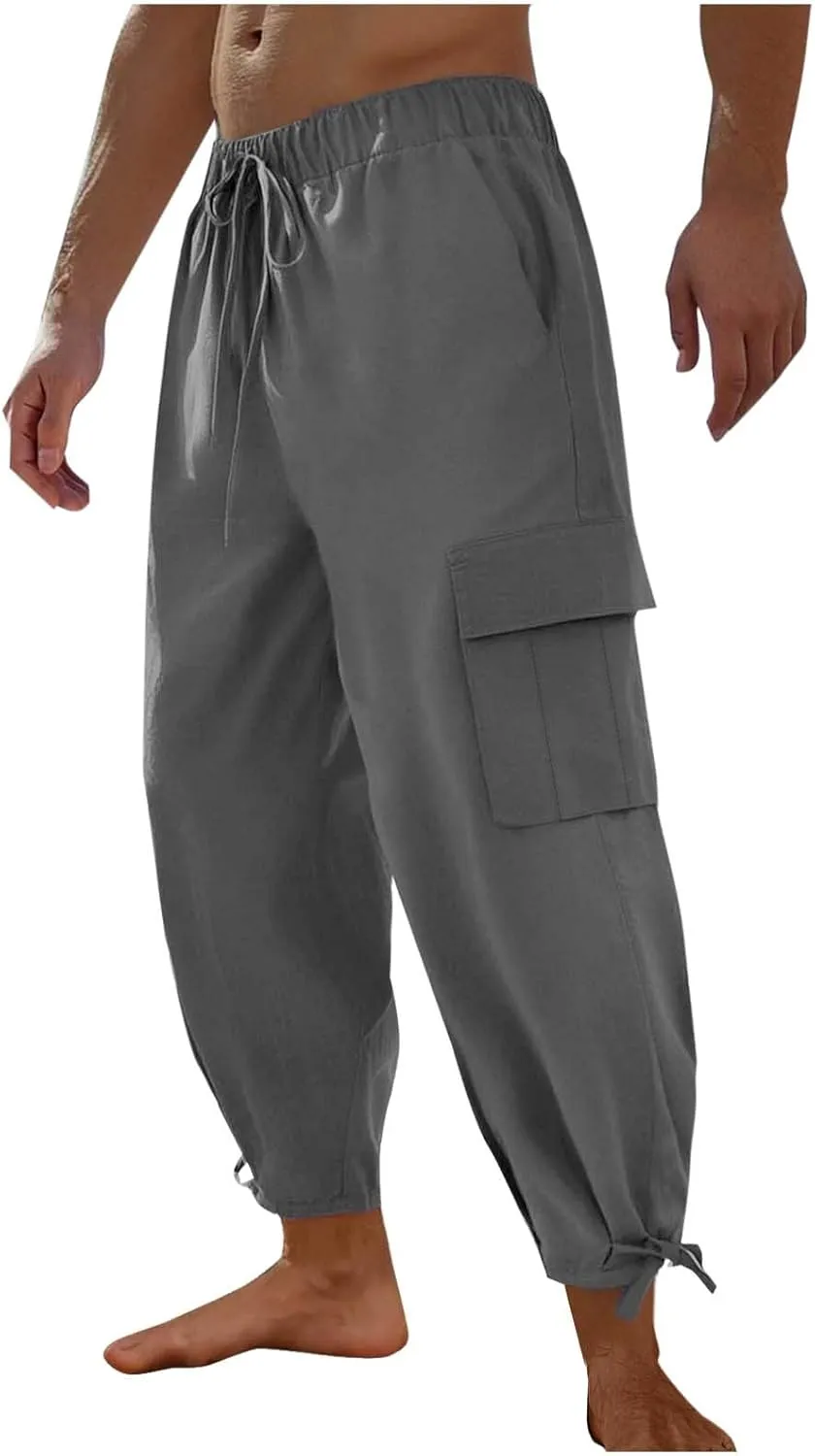 Xiaojmake Men's Linen Cargo Pants Joggers 2025 Solid Elastic Waist Harem Pant Casual Lightweight Loose Beach Summer Trousers