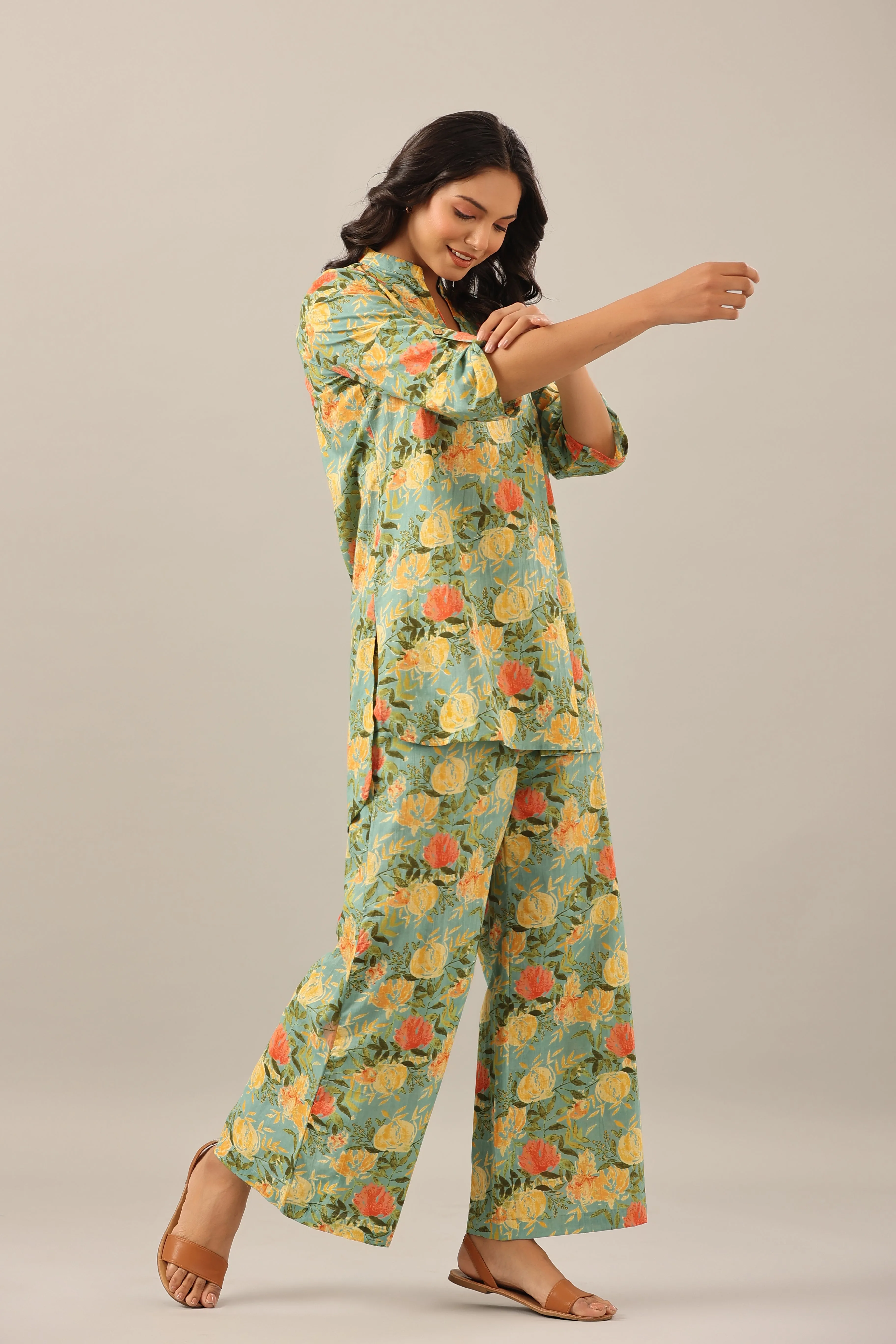 Yellow Jaal on Green Lounge Co-ord Set