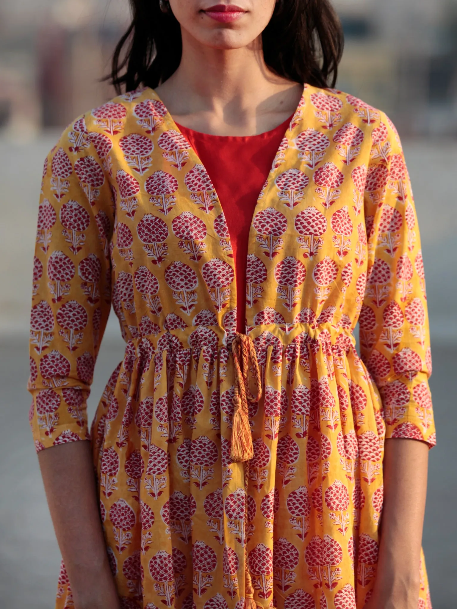 Yellow Red Ivory Hand Block Cotton Dress With Tie-Up Waist And Red Inner -  D85F782