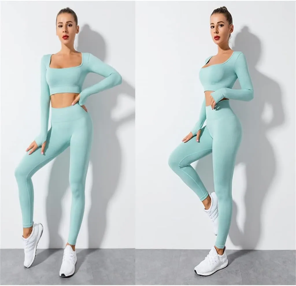 Yoga Suit Long Sleeve Monochrome Square Neck Long Sleeve Tracksuit Seamless High Waist Trousers Navel Gym Suit(Large)